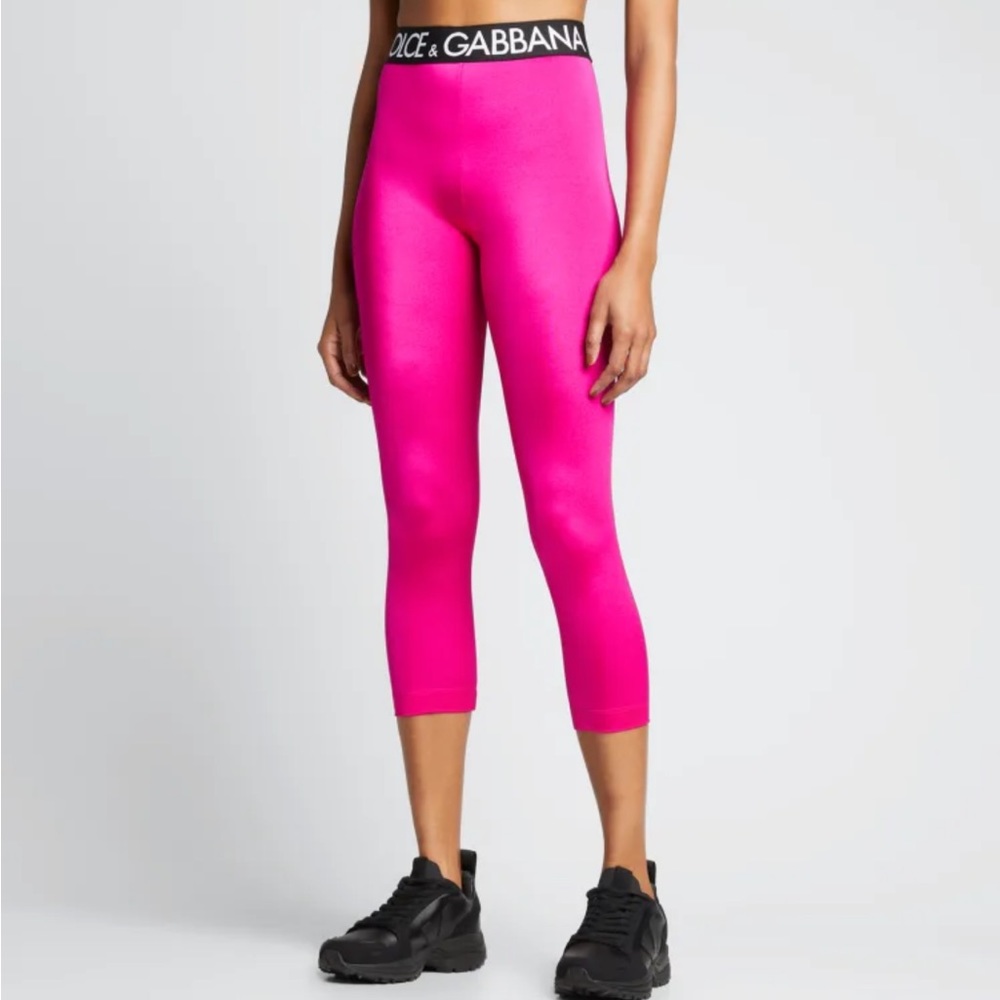 Dolce & Gabbana Cropped Leggings Pink Black Logo Waistband IT 36 US 0 NWT
